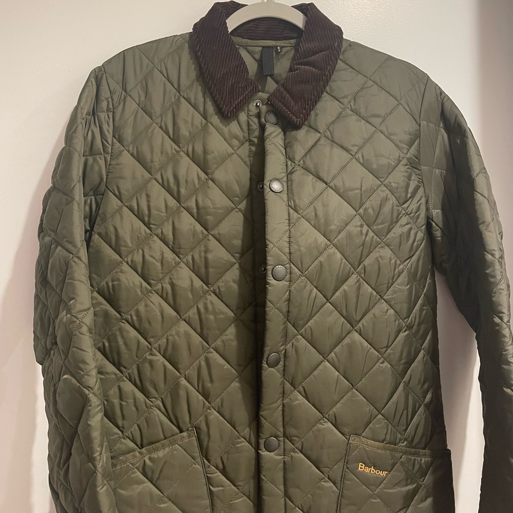 Barbour Men's S Green Quilted Liddesdale Jacket Corduroy Collar Snap Button
